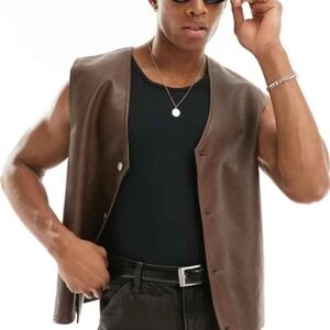 ASOS Dark Brown Leather Sleeveless Vest